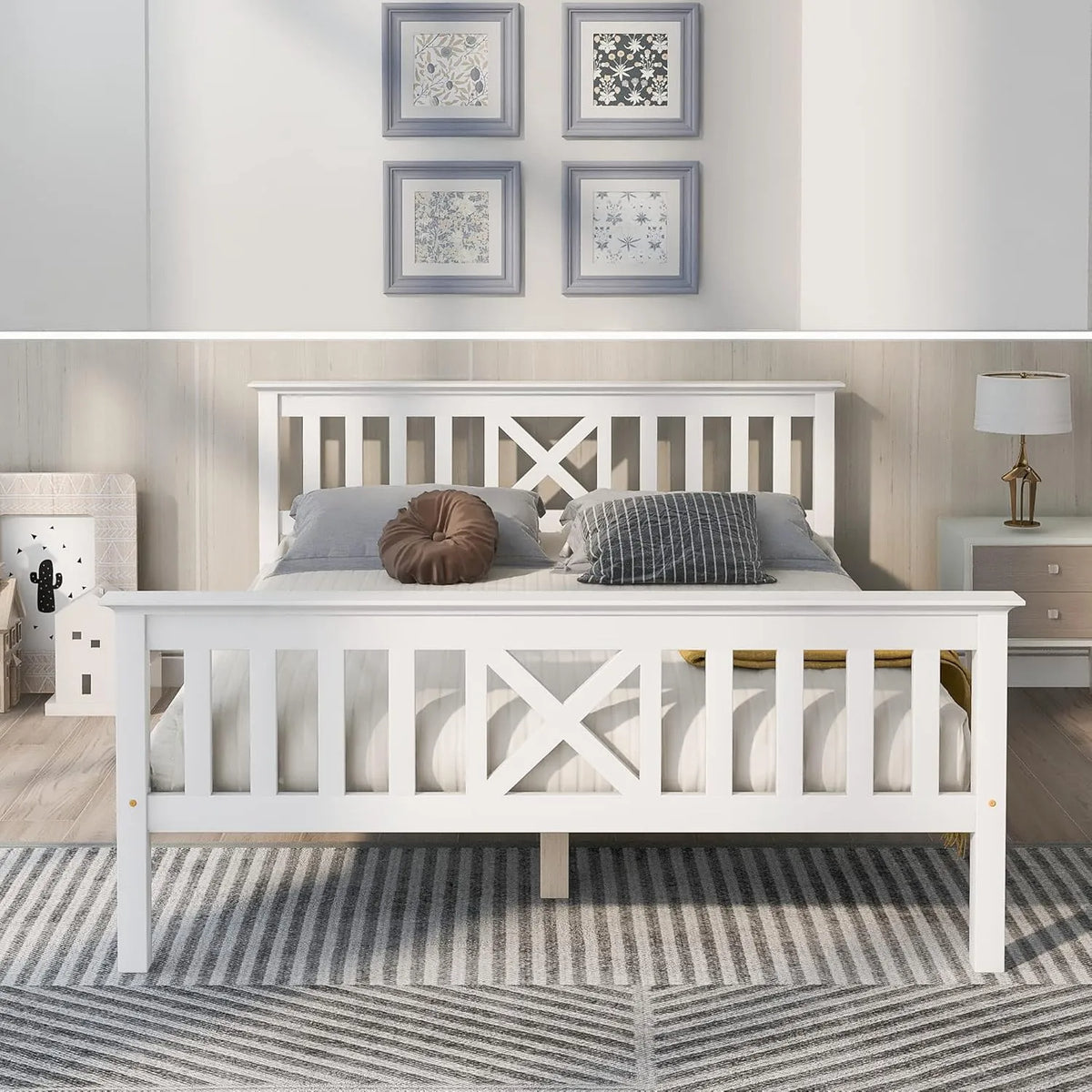 Lit Double en Bois de Pin Massif avec Sommier et Tête de Lit, 140x200 cm, Blanc, Pour Enfants et Adolescents