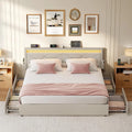 Lit Double en Métal avec Tiroirs et Éclairage LED, 160x200 cm, Tête de Lit Ajustable, Beige Cappuccino