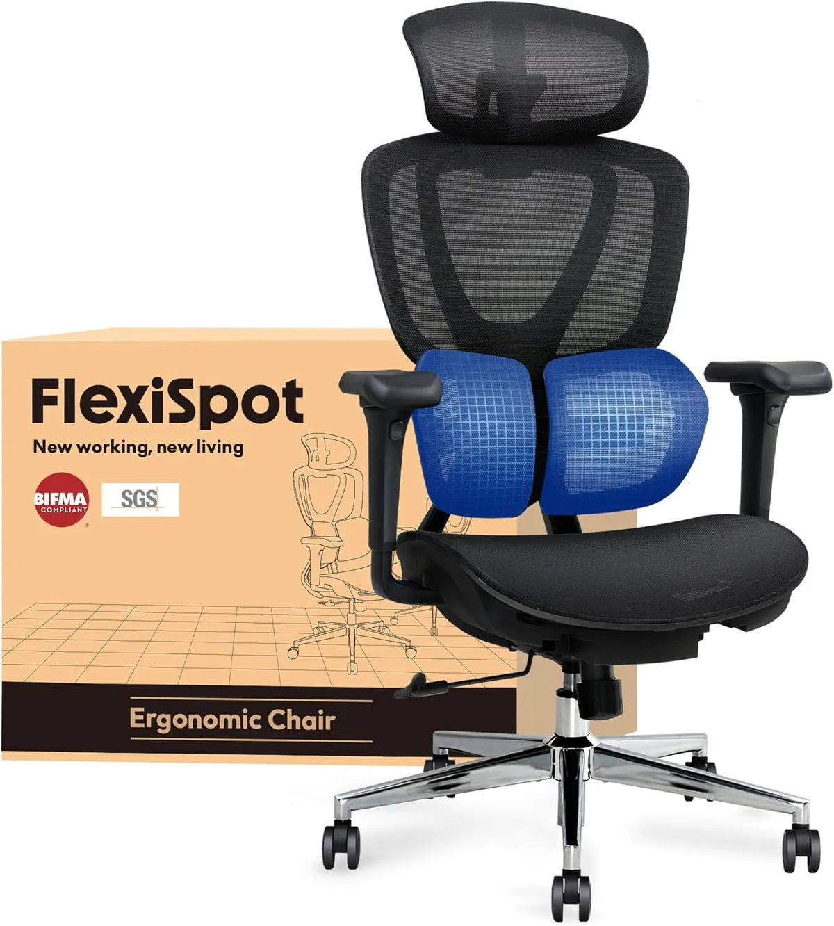 Chaise de Bureau Ergonomique FLEXISPOT C5 avec Support Lombaire, Appui-tête 3D, Siège et Dossier Réglables, Noir