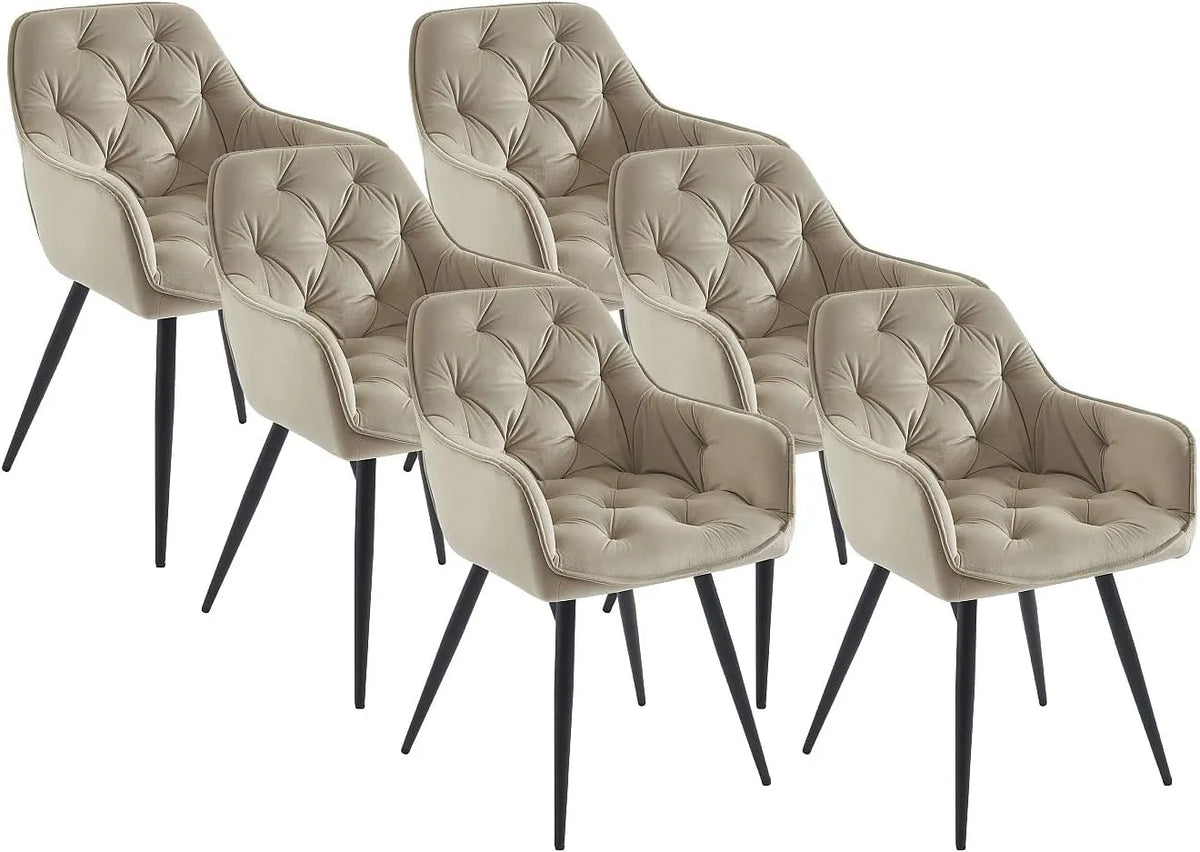 Ensemble de 6 chaises en velours beige avec accoudoirs et structure en métal noir - Idéal pour salle à manger