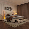 Lit Double 160x200 cm en Velours Beige avec Coffre et LED
