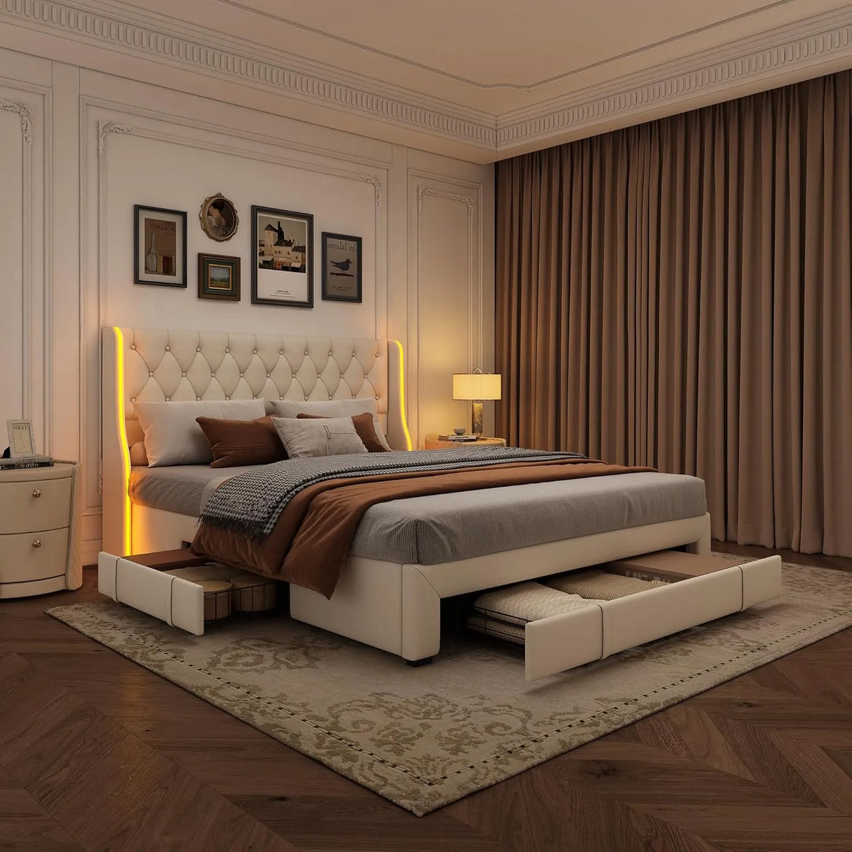 Lit Double 160x200 cm en Velours Beige avec Coffre et LED