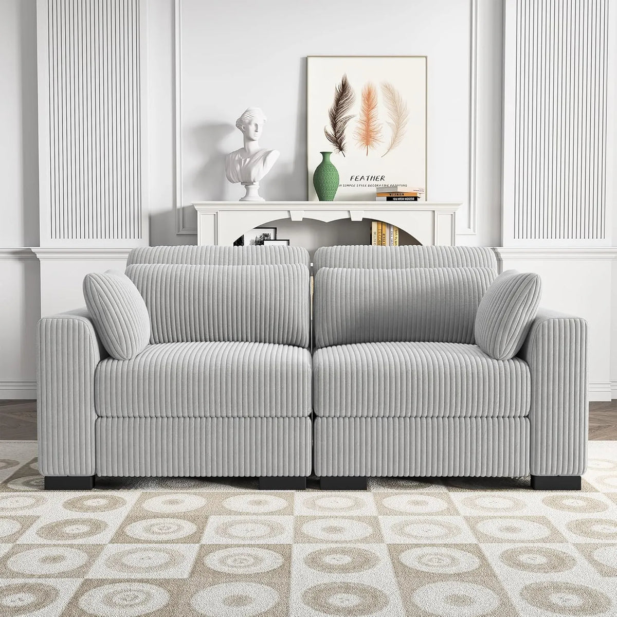 Canapé 2 Places Modulaire en Velours Côtelé avec Accoudoirs et Coussins, Design Moderne pour Salon