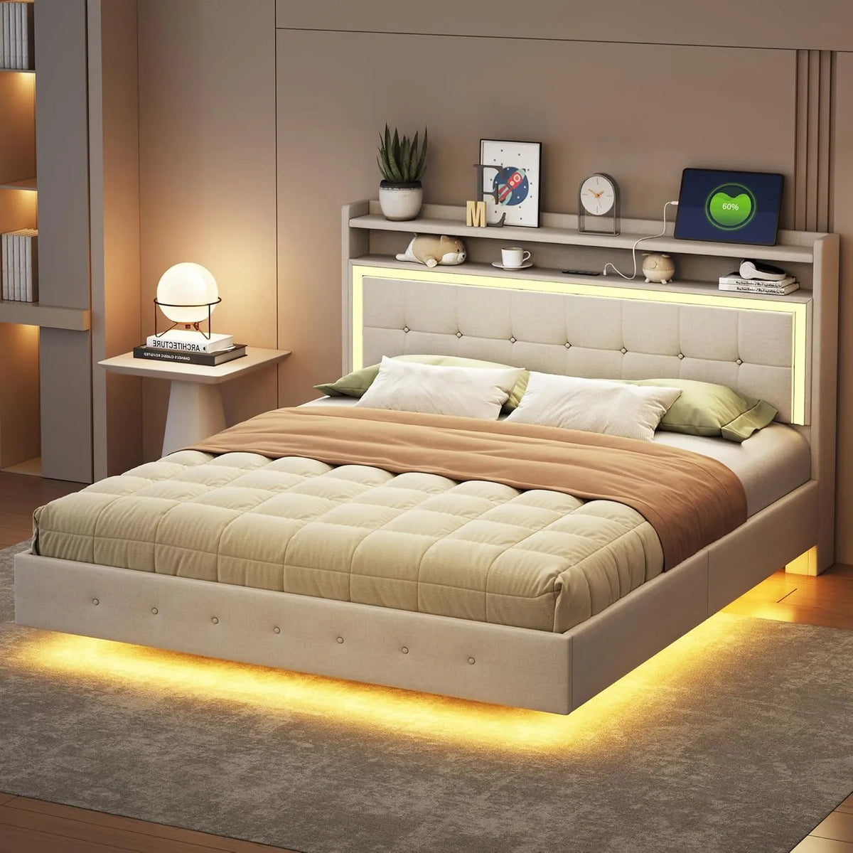 Lit Double Rembourré avec LED et Port USB, 160x200 cm, Design Élégant en Lin Beige