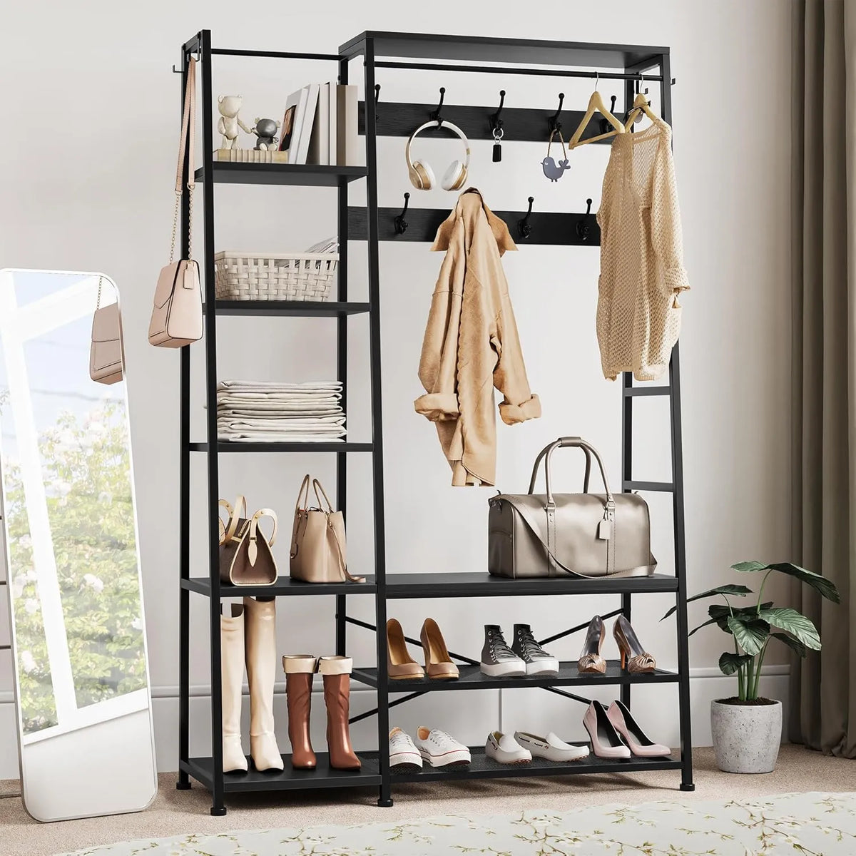 Portemanteau Industriel Multifonctionnel YITAHOME avec Banc et Rangement Chaussures, 5 Étagères et Tringle à Vêtements, pour Entrée, Chambre, Salon, Couloir, Couleur Noire