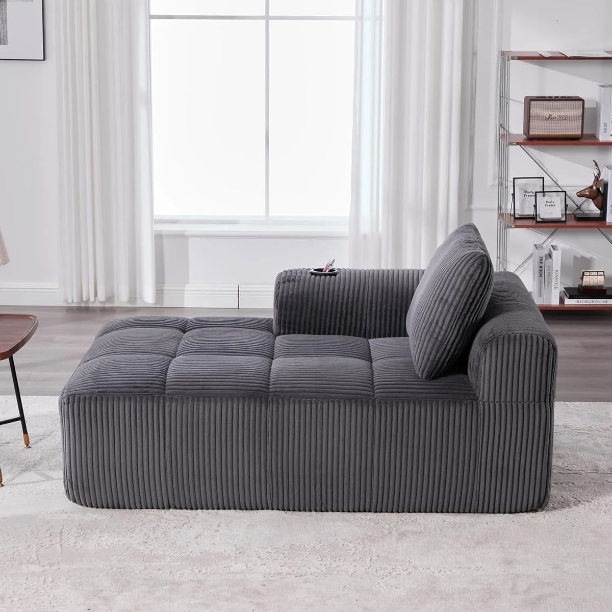 Fauteuil Relax Côtelé Gris Foncé avec Coussin, Poche et Porte-Gobelet