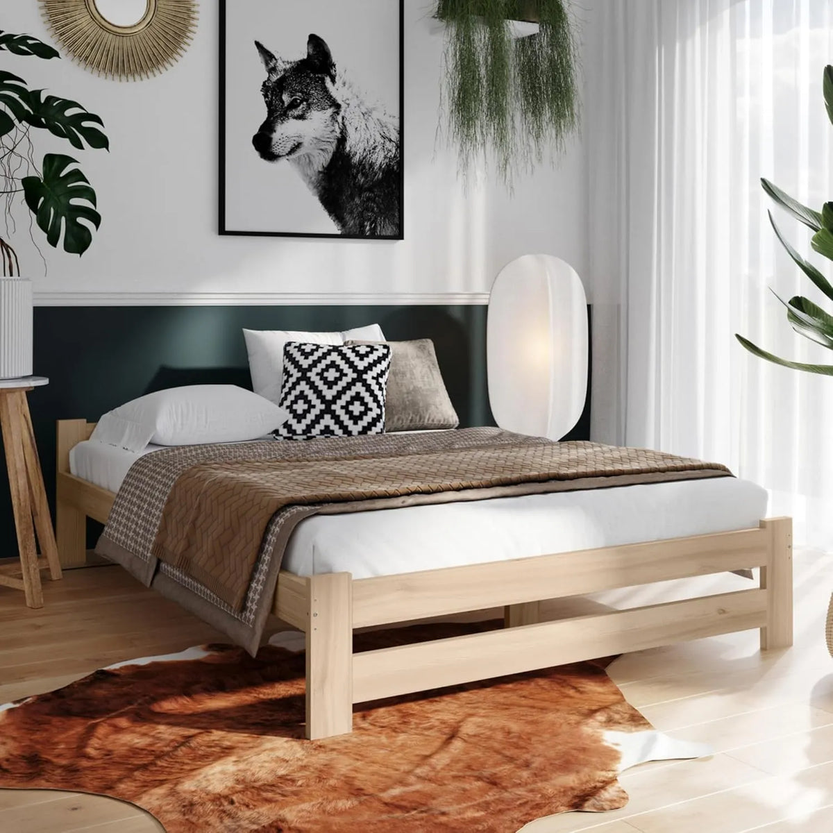 Lit en pin massif 160x200 cm avec sommier, style scandinave et bohème