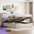 Lit double 140x200 cm avec rangement, tête de lit USB et LED, velours beige
