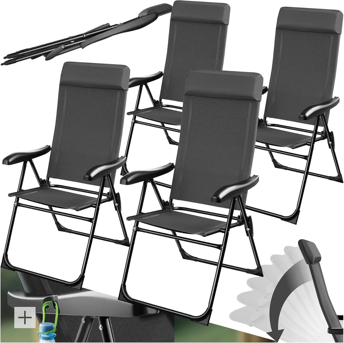 Lot de 4 Chaises de Camping Pliantes Ultra Légères en Aluminium avec Dossier Réglable et Appuie-tête pour Extérieur
