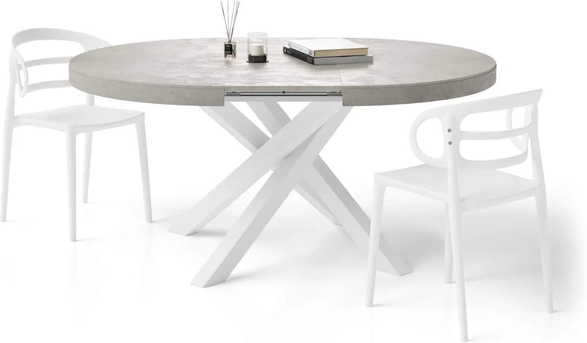 Table Ronde Extensible Gris avec Pieds Croisés Blancs – Design Italien