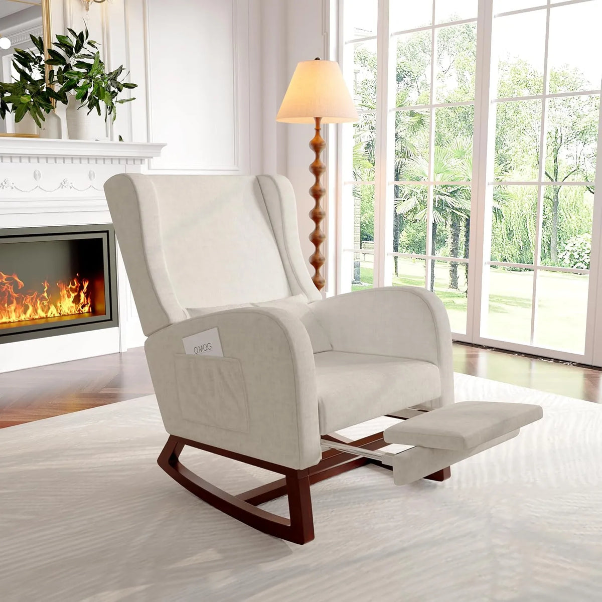 Fauteuil à Bascule Confortable avec Rangement et Repose-Pieds pour Salon, Tissu Beige