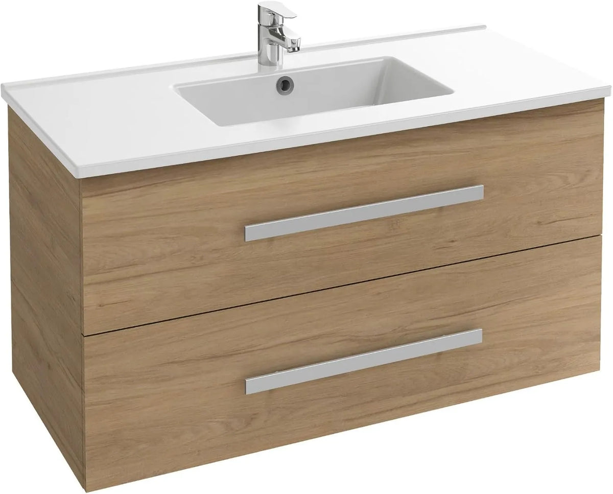 Jacob Delafon - Meuble de Salle de Bain OLA UP 100cm avec Vasque en Céramique - 2 Tiroirs Soft Close - Couleur Chêne Colorado - Dimensions 1010x540x465mm