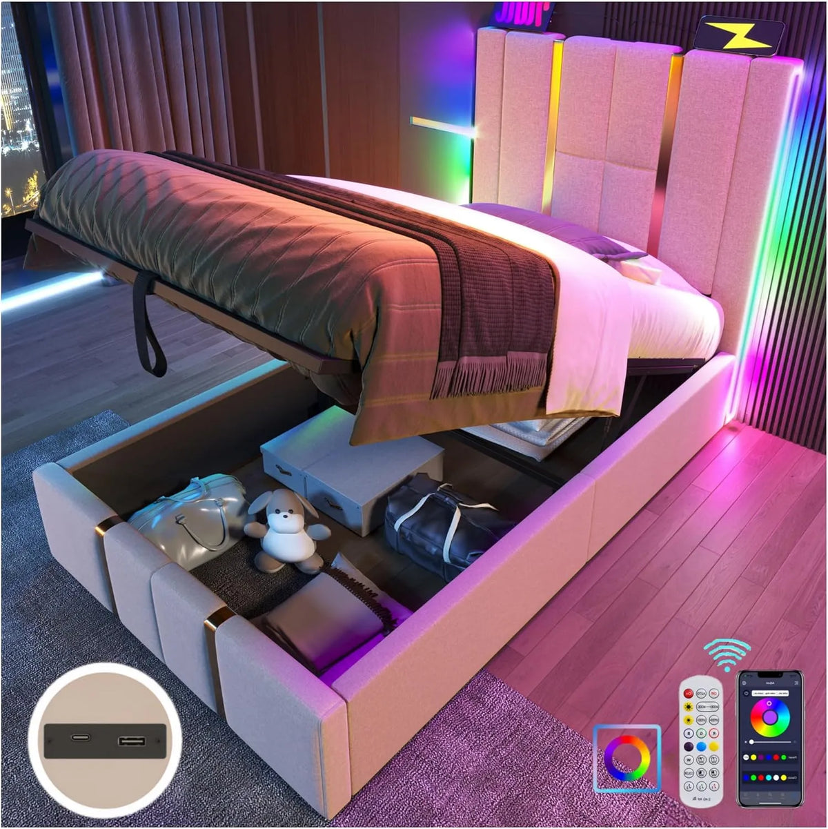 Lit simple 90x200 cm avec LED, ports USB/Type-C et espace de rangement
