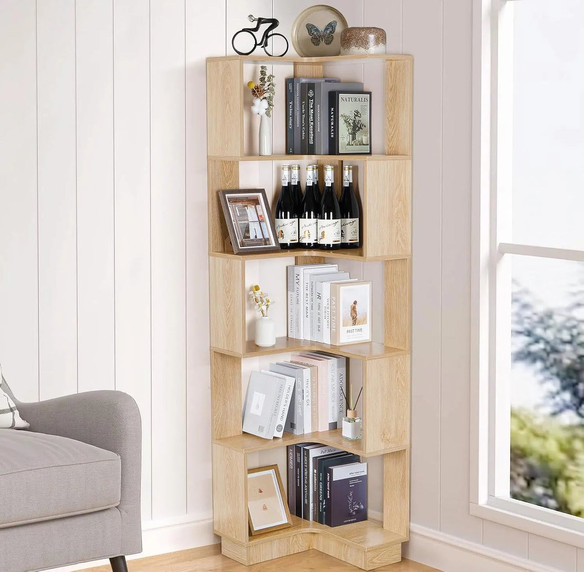 Étagère d'angle en bois à 6 niveaux – Hauteur 175 cm – Rangement idéal pour salon, maison et bureau
