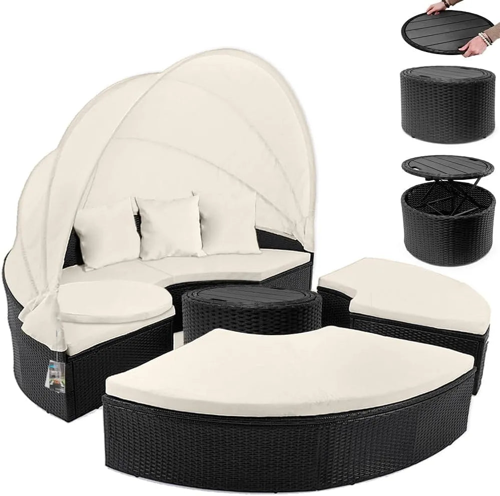 Ensemble de Jardin Rond en Polyrotin Noir 185 cm avec Coussins et Pare-Soleil