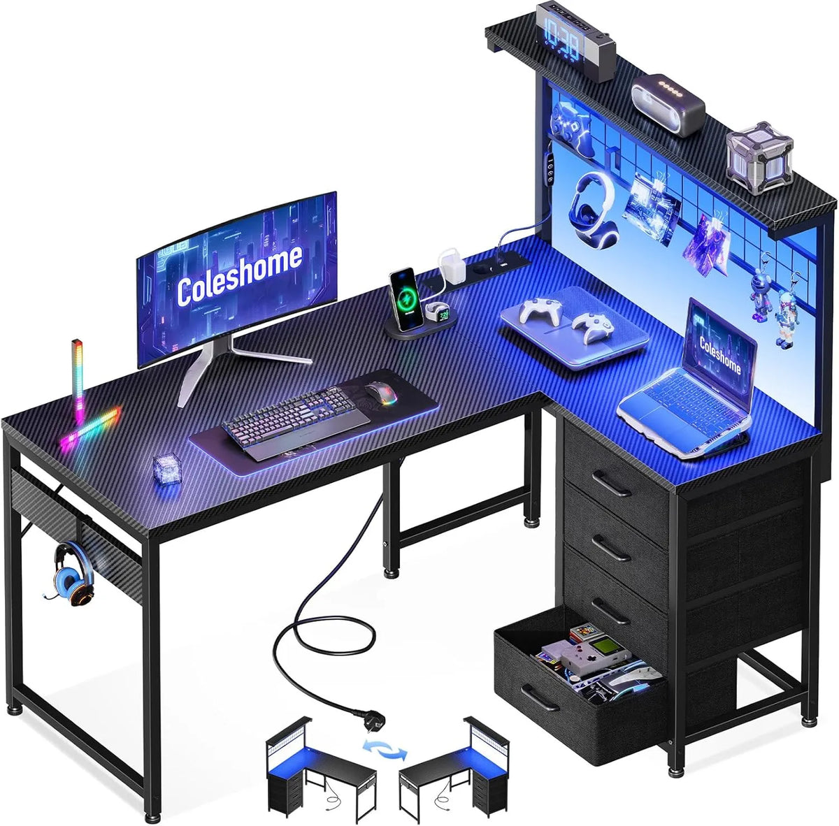 Bureau Gaming Réversible avec LED et Rangement, 110 x 80 cm, Noir Carbone