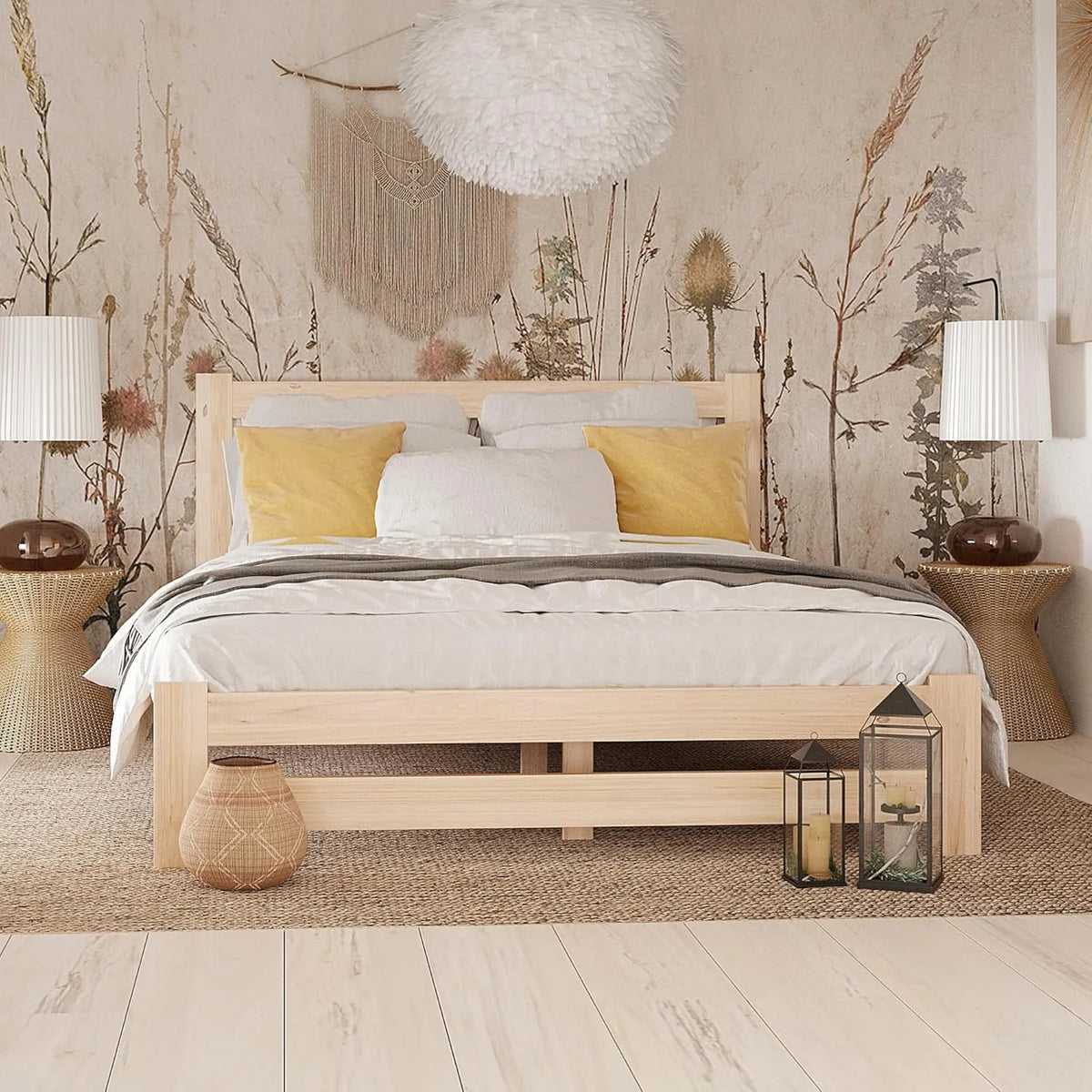 Lit double en pin massif 140x200 cm avec sommier, style scandinave