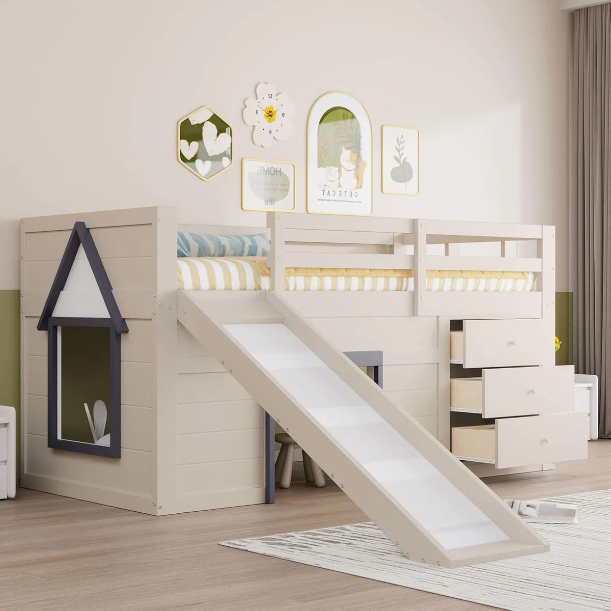 Lit Enfant en Bois 90 x 200 cm avec Toboggan et Rangement, Échelle et Protection Anti-Chute