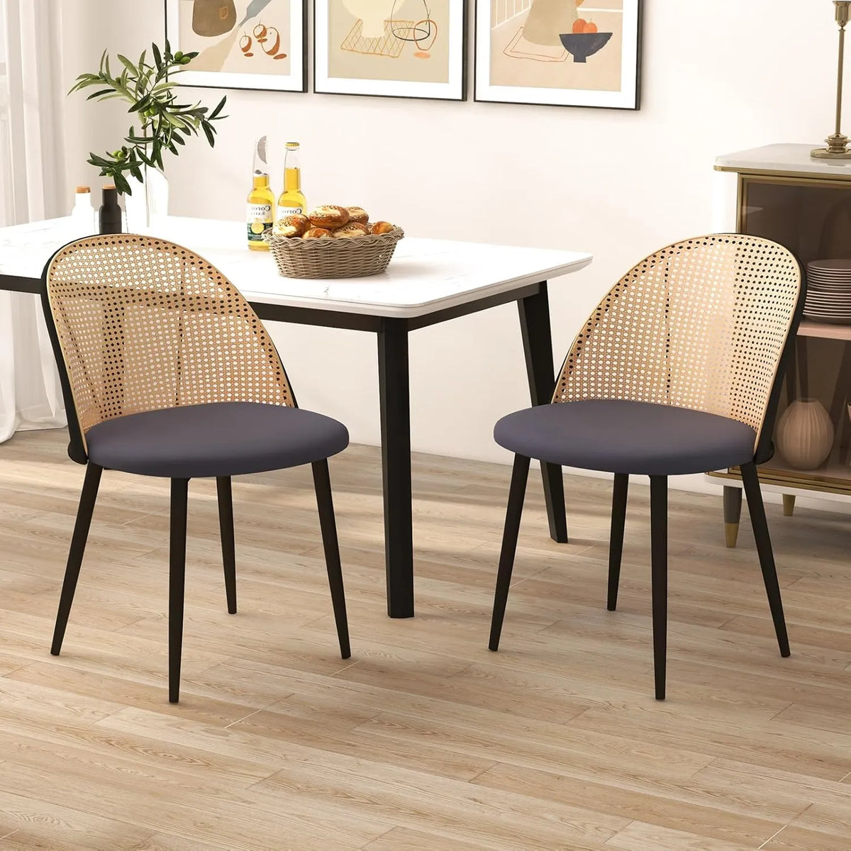 Ensemble de 2 Chaises de Salle à Manger en Bois et Rotin, Design Moderne sans Accoudoirs, Siège Rembourré Confortable, Pieds Métalliques Élégants, Hauteur d'Assise 46 cm