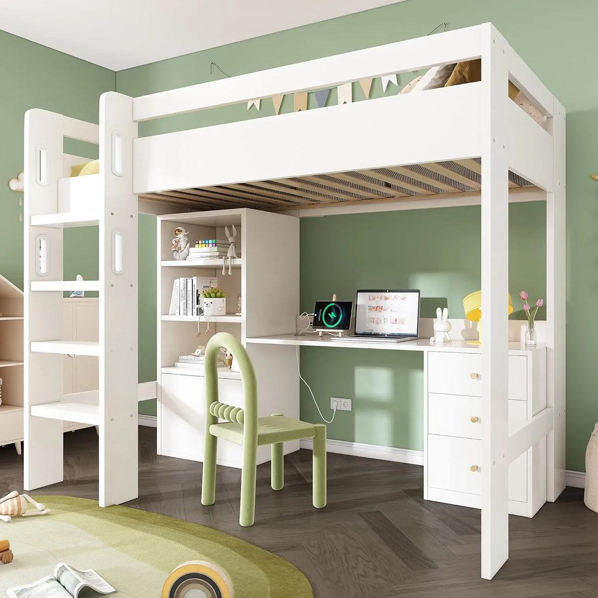 Lit mezzanine enfant 90x200 cm avec bureau et rangements en bois massif blanc