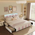 Cadre de Lit Double 140x190 avec Tiroirs et Lumière LED, Velours Blanc et Rose
