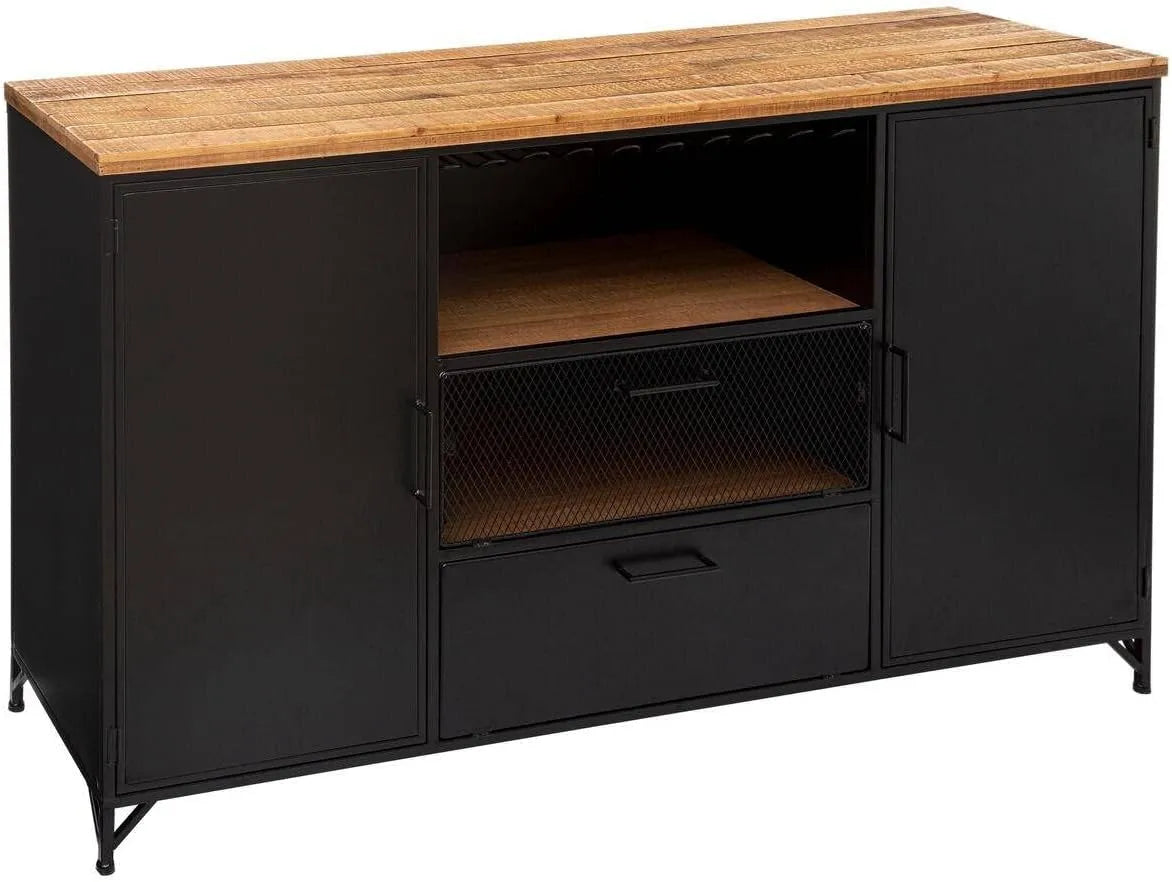 Buffet Industriel Noir et Bois Atmosphera avec Portes et Porte-Verres - 140 cm