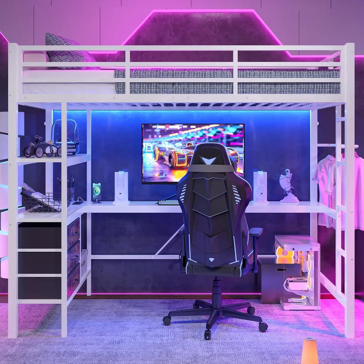 Lit mezzanine multifonctionnel 90x200 cm avec rangement intégré et bureau