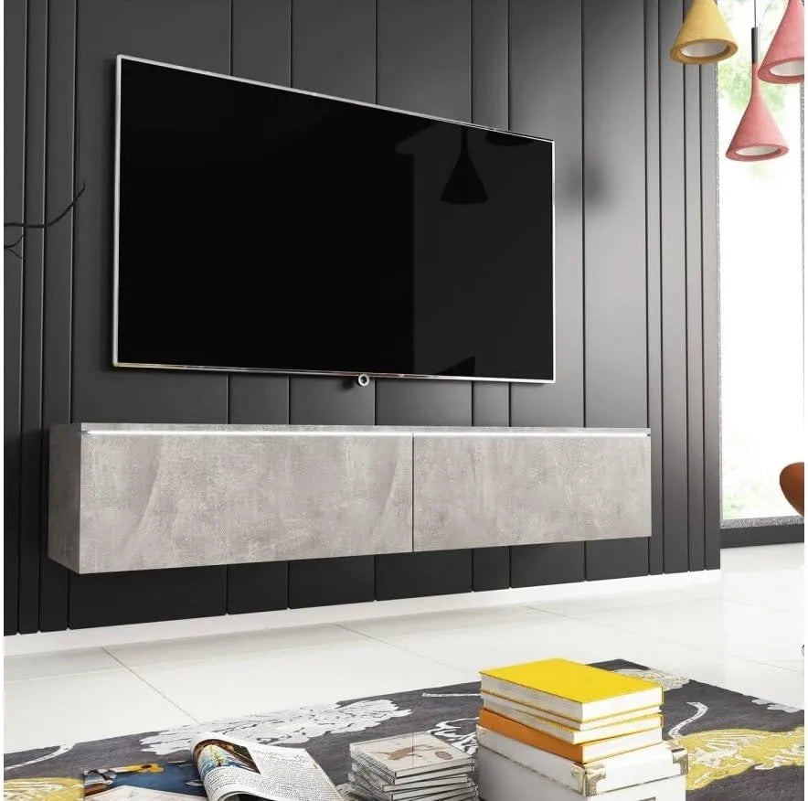 Meuble TV Moderne avec LED et Finition Gris Béton - 2 Portes - 180 cm