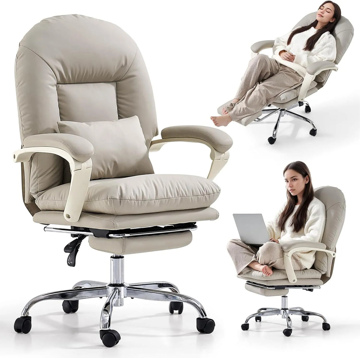 Chaise de Bureau Ergonomique Reclinable avec Repose-Pieds en Cuir Véritable, Beige