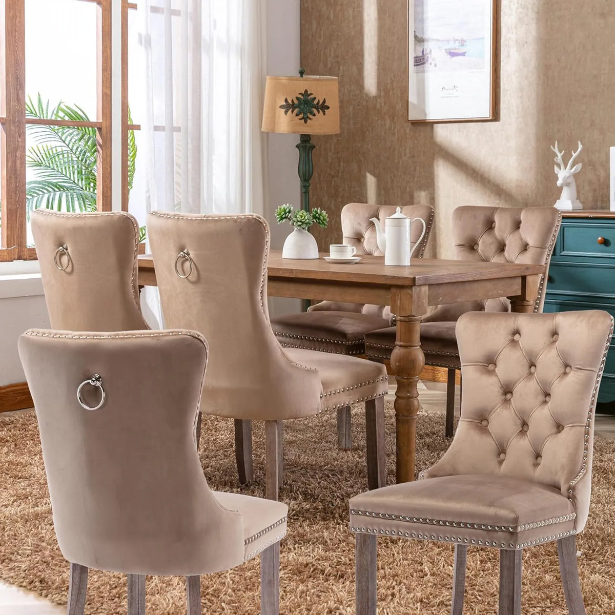 Lot de 6 Chaises de Salle à Manger en Velours avec Pieds en Bois et Décoration Rivets - Capacité 130kg, Couleur Kaki