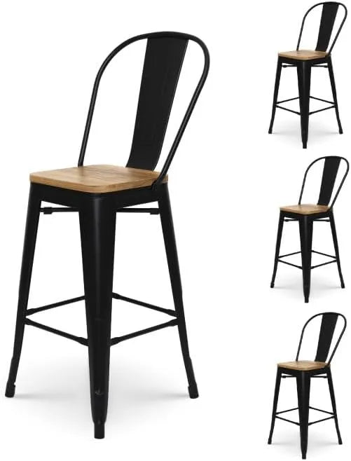 Kosmi - Ensemble de 4 tabourets de bar industriels en métal noir avec dossier haut et siège en bois clair, hauteur 66 cm