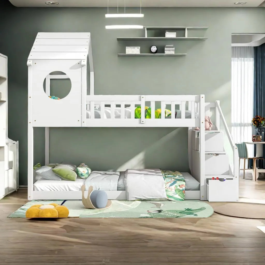 Lits Superposés Cabane Enfant 90x200 en Bois de Pin Blanc, Design Maison avec Échelle, Sans Matelas