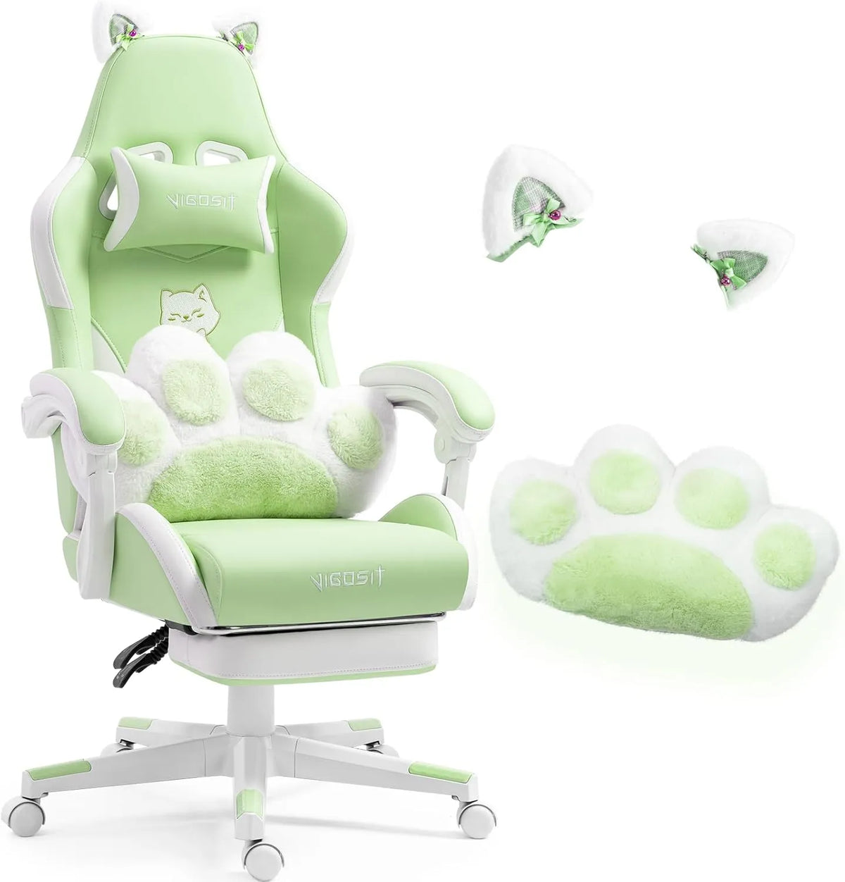 Chaise de Jeu Ergonomique Vert avec Oreilles de Chat et Repose-Pieds Réglable pour Filles et Enfants