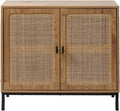 Buffet 2 Portes Exotique en Bois avec Cannage Rotin et Panneaux Métalliques