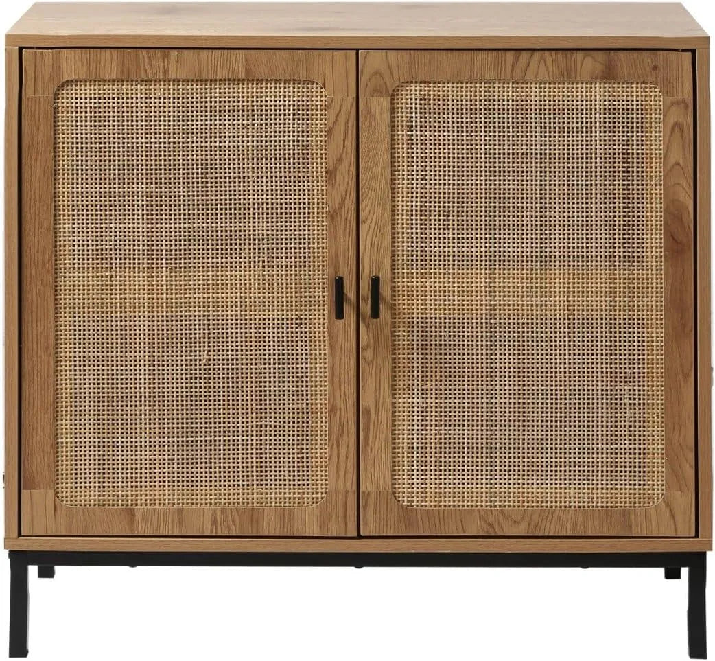 Buffet 2 Portes Exotique en Bois avec Cannage Rotin et Panneaux Métalliques