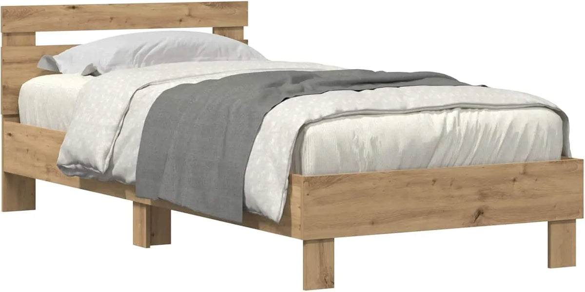 Cadre de Lit Moderne en Chêne avec LED et Port USB, 90x190 cm, Style Contemporain Robuste