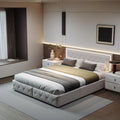 Lit Double Moderne 160x200 cm avec LED, 4 Tiroirs et Ports USB - Tête de Lit Capitonnée, Sommier à Lattes, Rangement Optimal - Blanc Cassé