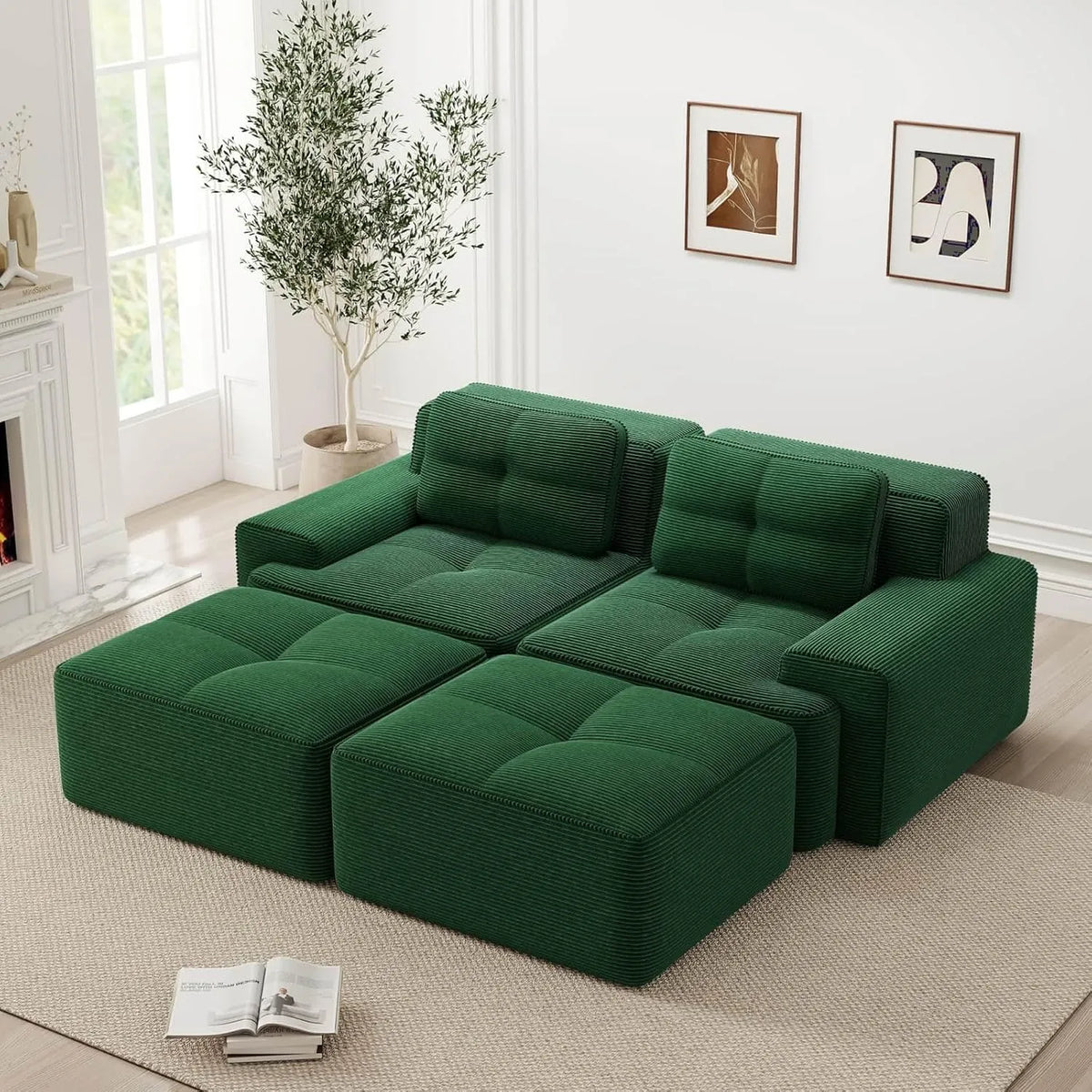 Canapé Modulable 2 Places avec Poufs et Coussins en Velours Vert