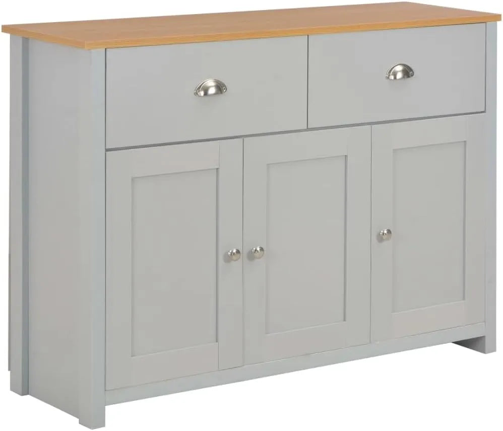 Buffet en bois gris avec tiroirs et portes, 112x35x81 cm, idéal pour salon et entrée