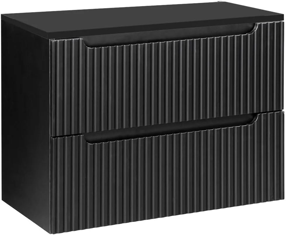 Armoire de Bain Moderne 80 cm Noir avec Rainures et 2 Tiroirs