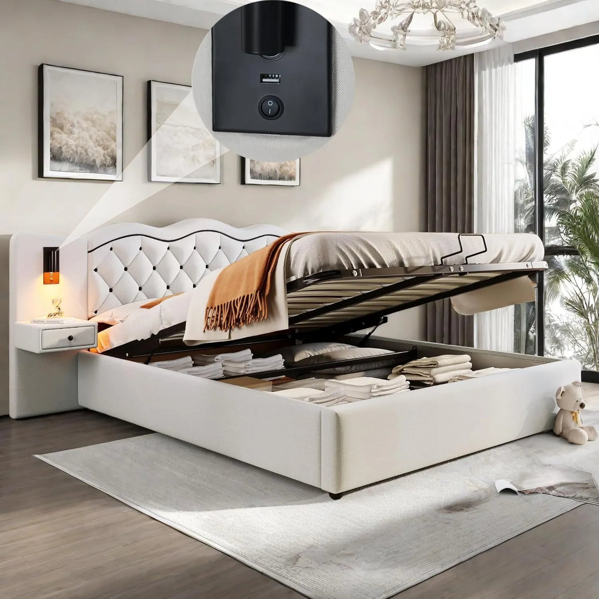 Lit Coffre 180x200 avec LED et Rangement, Sommier Inclus, Beige, Adulte