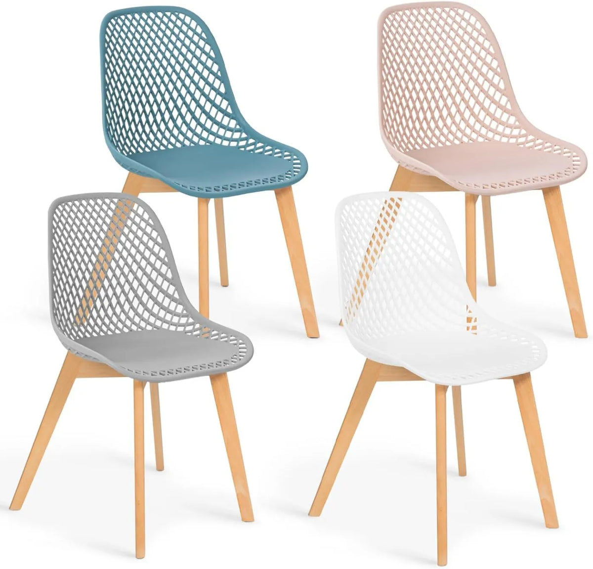 Ensemble de 4 chaises Mandy en couleurs pastel : rose, blanc, gris clair et bleu