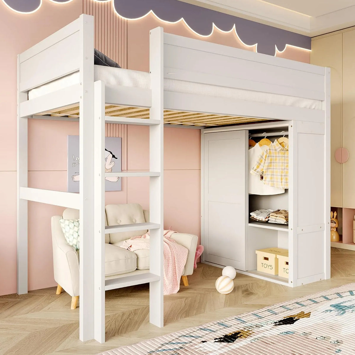 Lit Mezzanine Enfant 90x200 cm avec Armoire et Rangement en Pin Blanc