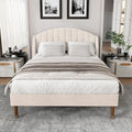 Lit Double en Velours Beige avec Tête de Lit Rembourrée 160x200cm