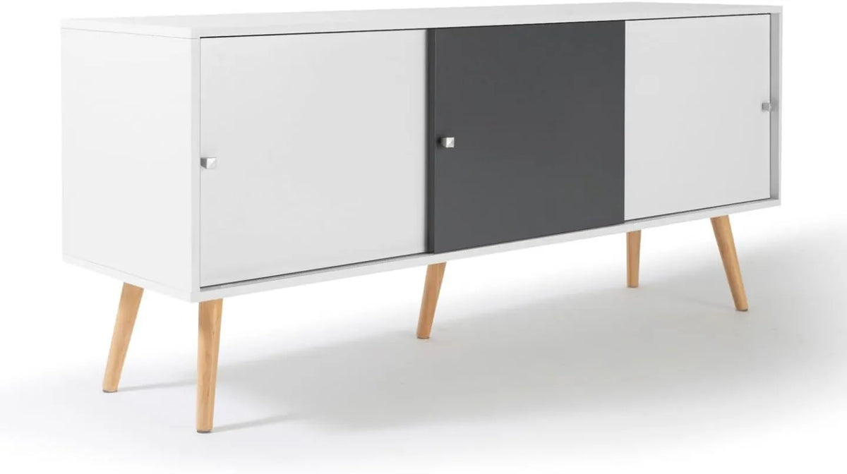 Meuble TV Scandinave Effie 135 cm avec 3 Portes, Blanc et Gris