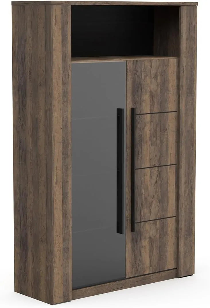 Vitrine en Bois Industriel à 2 Portes et 9 Étagères - Bois Brûlé et Noir - 114x176x40 cm