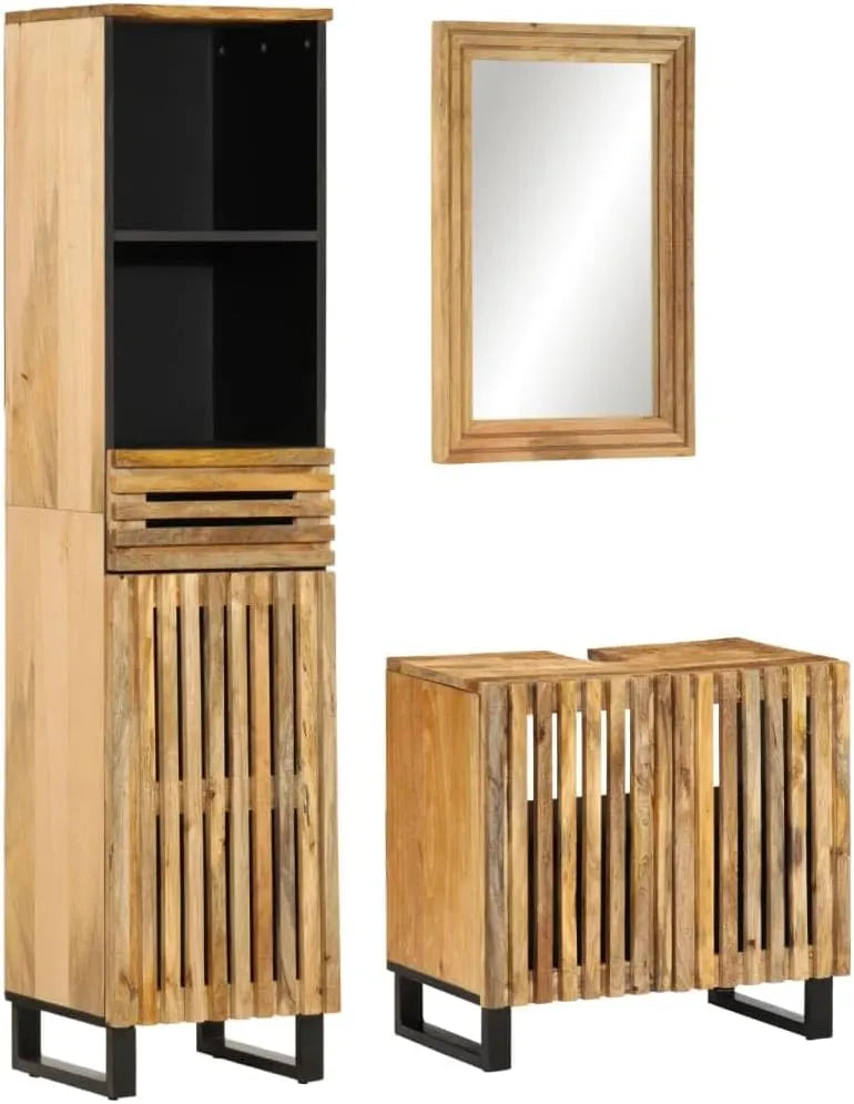 Élégant Ensemble de Salle de Bain en Bois de Manguier avec Miroir et Meuble Sous-Lavabo