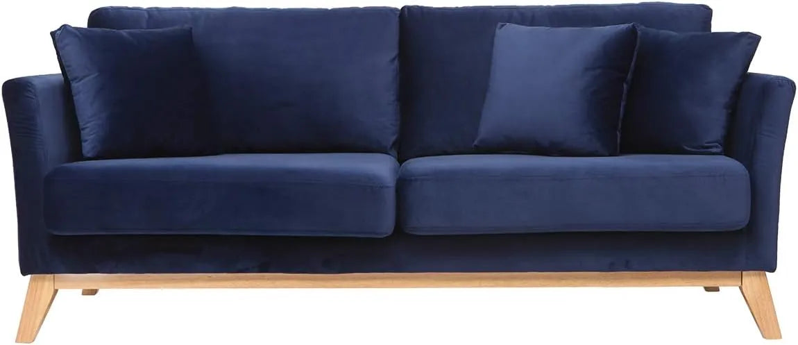Canapé 3 Places en Velours Bleu Nuit et Bois Clair - Style Scandinave