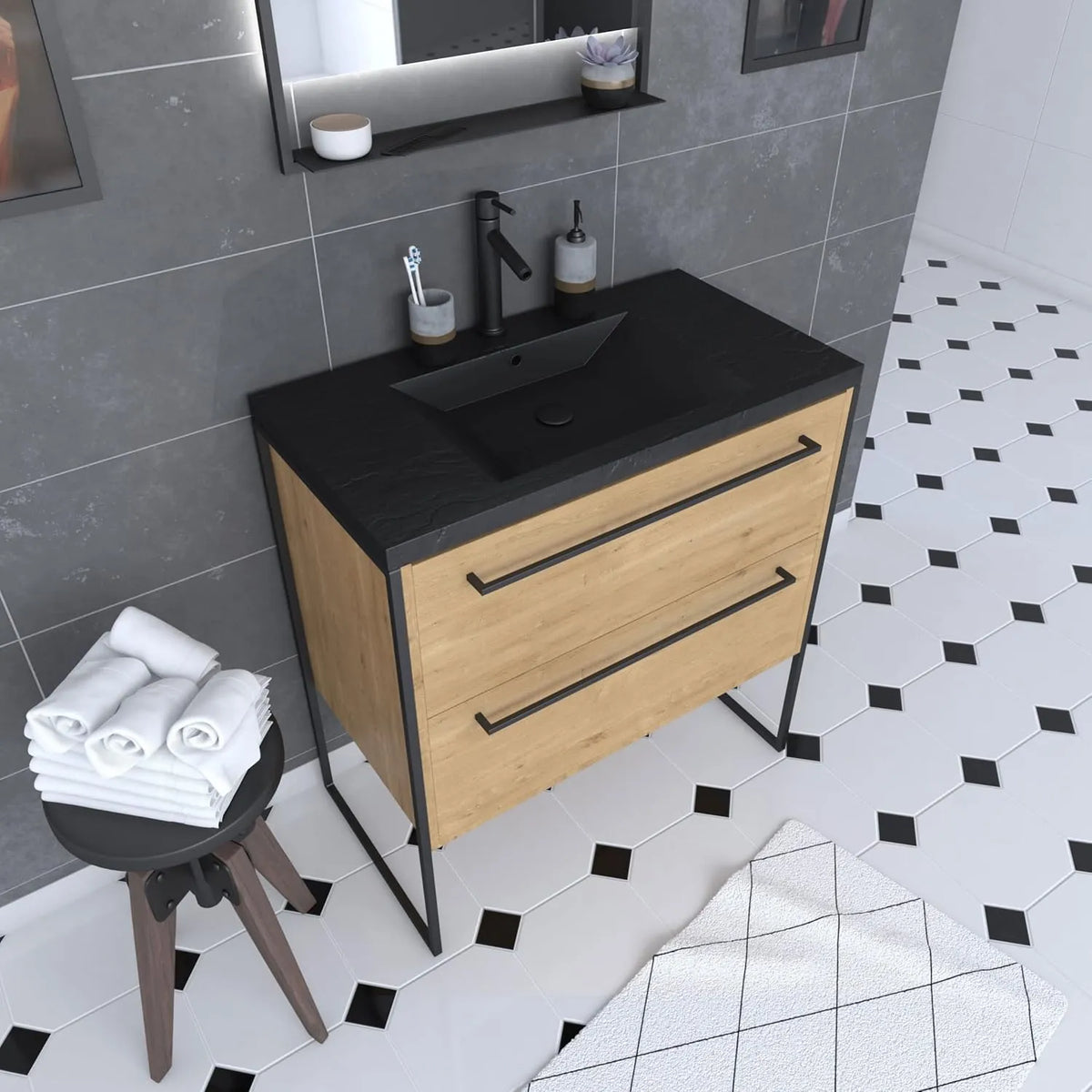 Ensemble de Salle de Bain en Chêne Brun 80x50 cm avec Vasque en Résine Noire