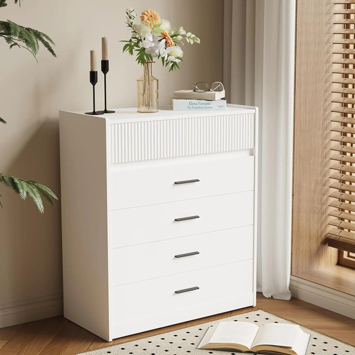 Commode Moderne 6 Tiroirs, Blanc Mat/Chêne, 74x40x90 cm